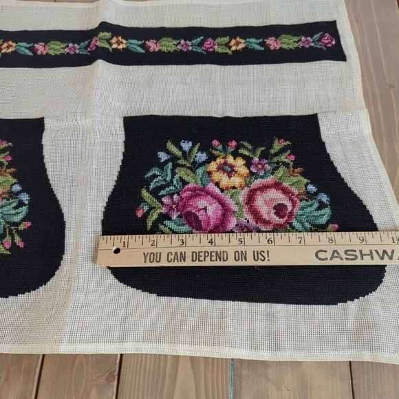 Vtg 50s 60s Needlepoint Embroidered Purse Bag Panels Floral Roses Black Linen - Picture 6 of 9
